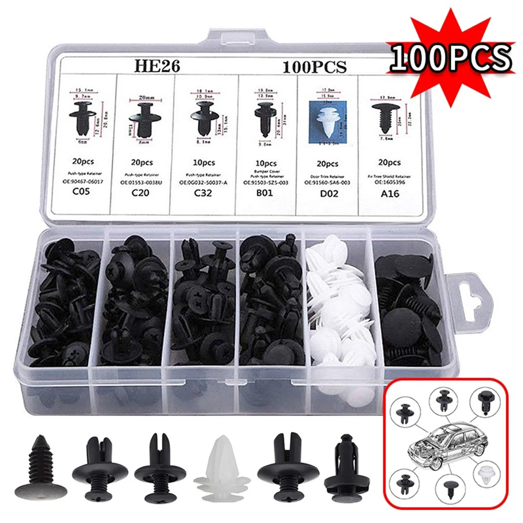 100Pcs Auto Fastener Clips Car Body Push Retainer Pin Rivet Bumper Door Trim Panel Retainer Fastener Kit Auto Removal Tool