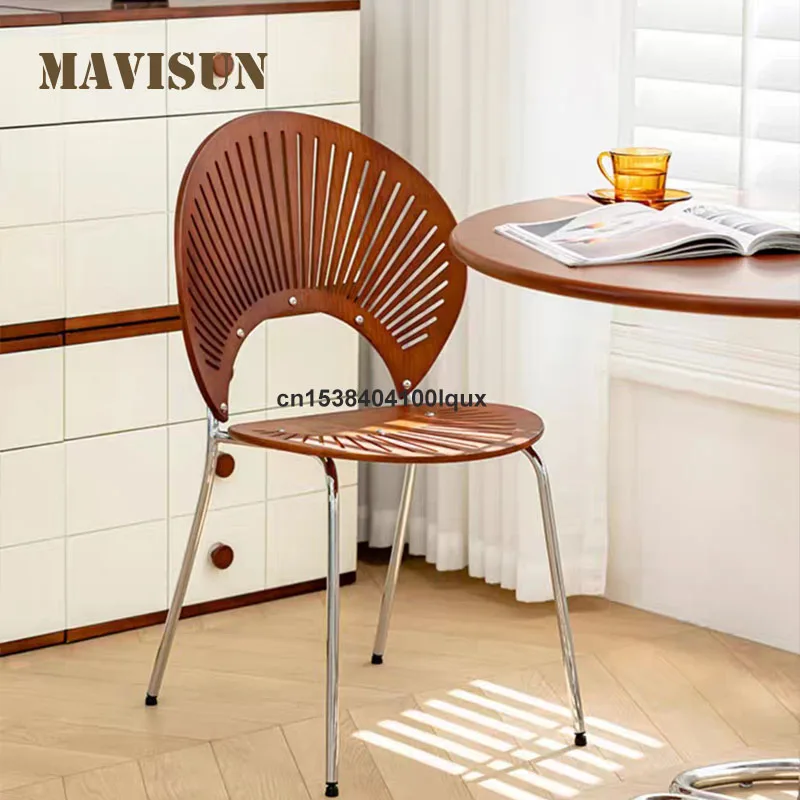 كرسي طعام منزلي صناعي بطول 0.8 متر، إطار فولاذي مطلي بالكروم، كرسي من الخشب الصلب، سطح مريح، كرسي منحني، مسند ظهر