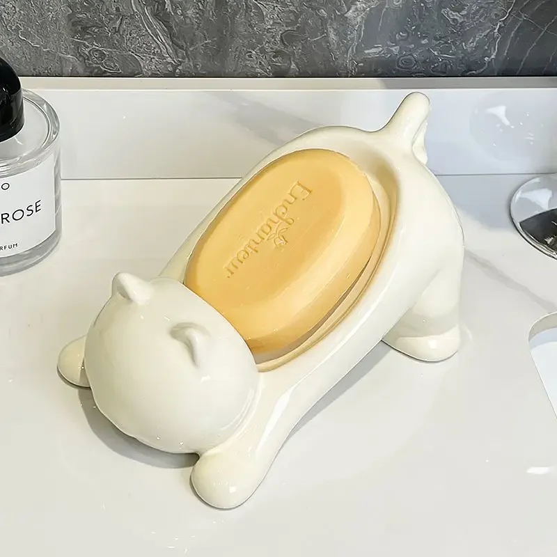 Cute Cat Drain Soap Holder Container Smooth Plastic Toilet Soap Dish Case Tray Bathroom Accessories Washroom Tools Home Decor