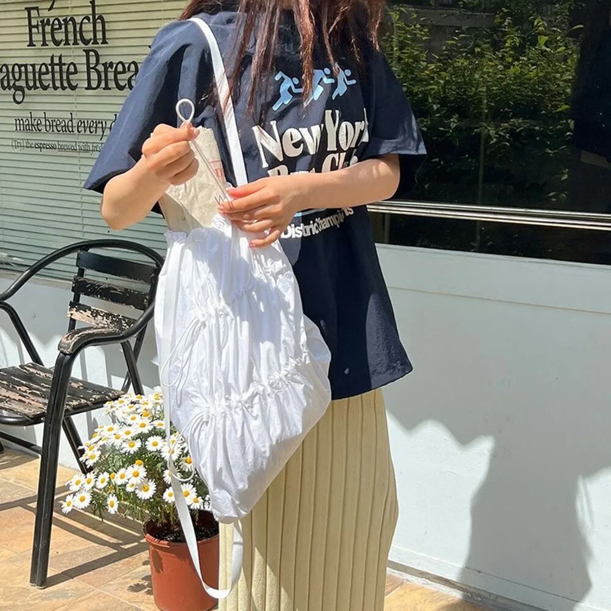 White Drawstring Backpack for Women Korean Lazy Style Drawstring backpack Lightweight Nylon Water-repellent mochila рюкзак bolso
