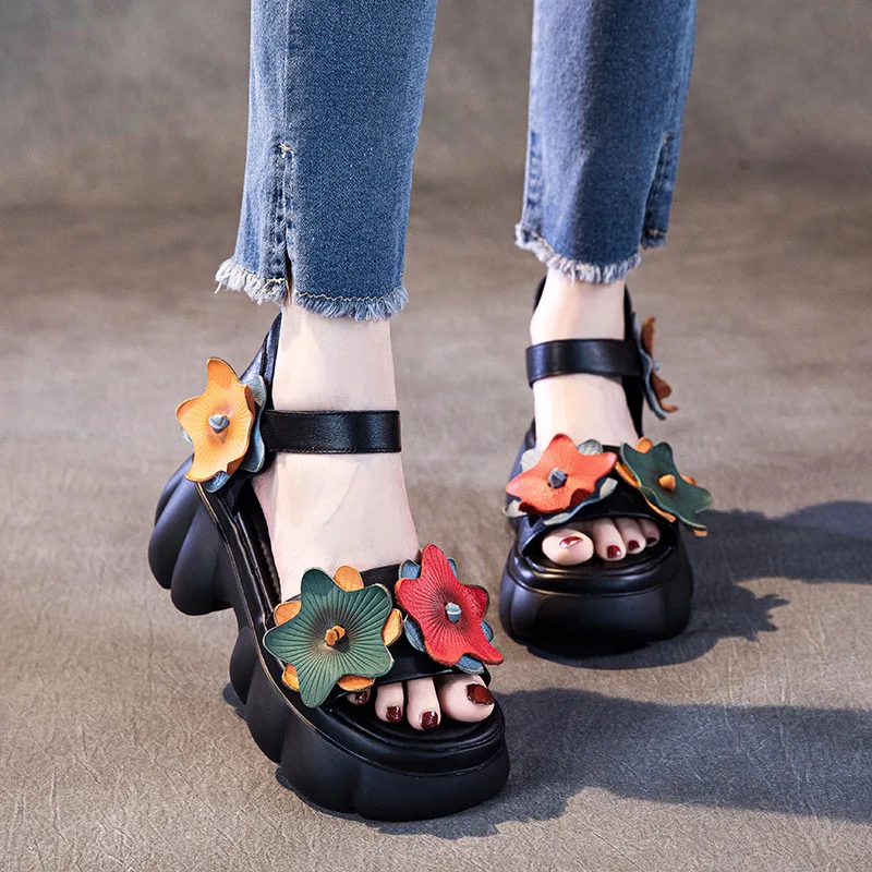 Top Layer Cowhide Sandals Women's Summer 2024 New Women's Breathable Cut-Out Velcro Platform Sandals Sandals Women