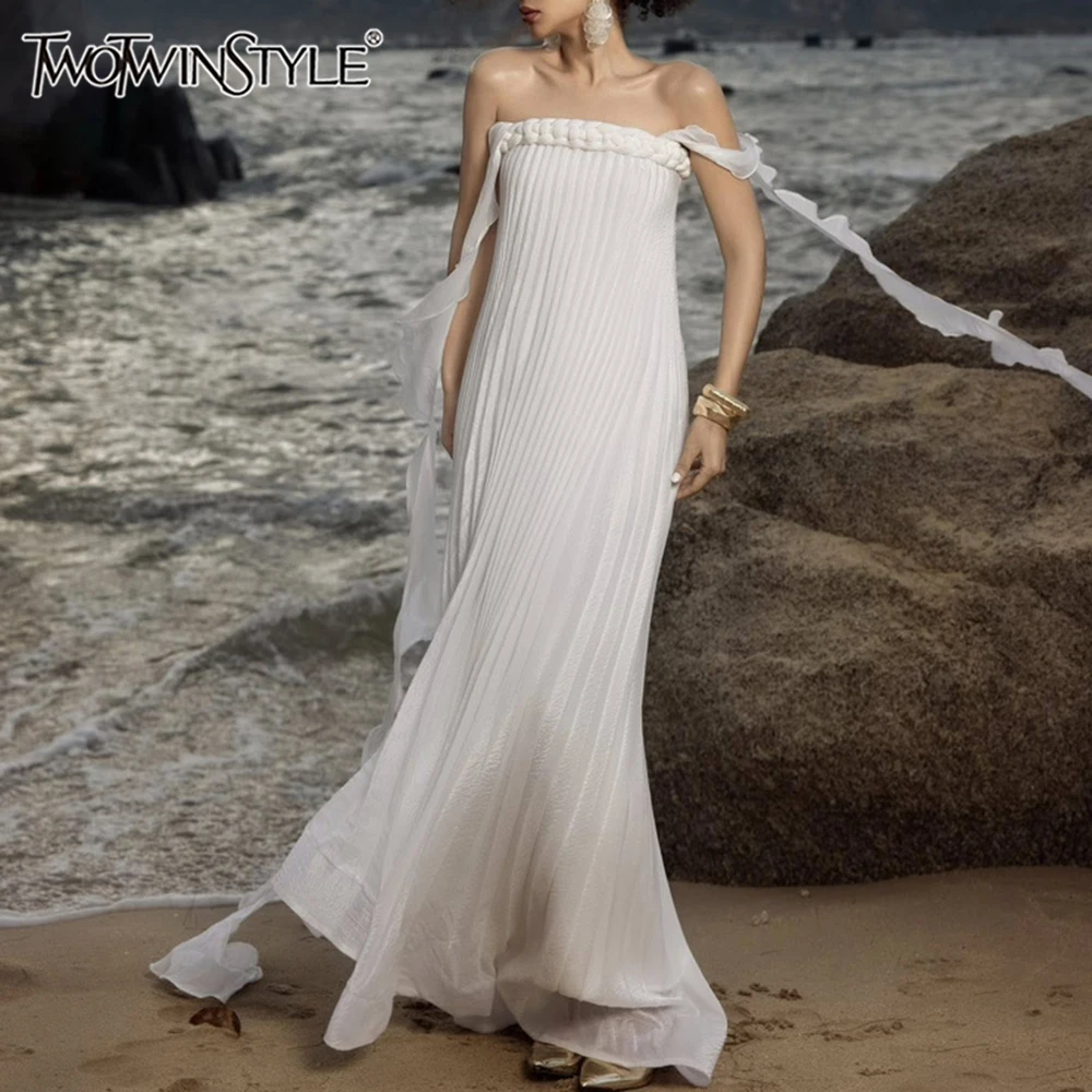 

TWOTWINSTYLE Solid Spliced Ribbons Elegant Dresses for Women Strapless Sleeveless Patchwork Fried Dough Twists Dress Female New