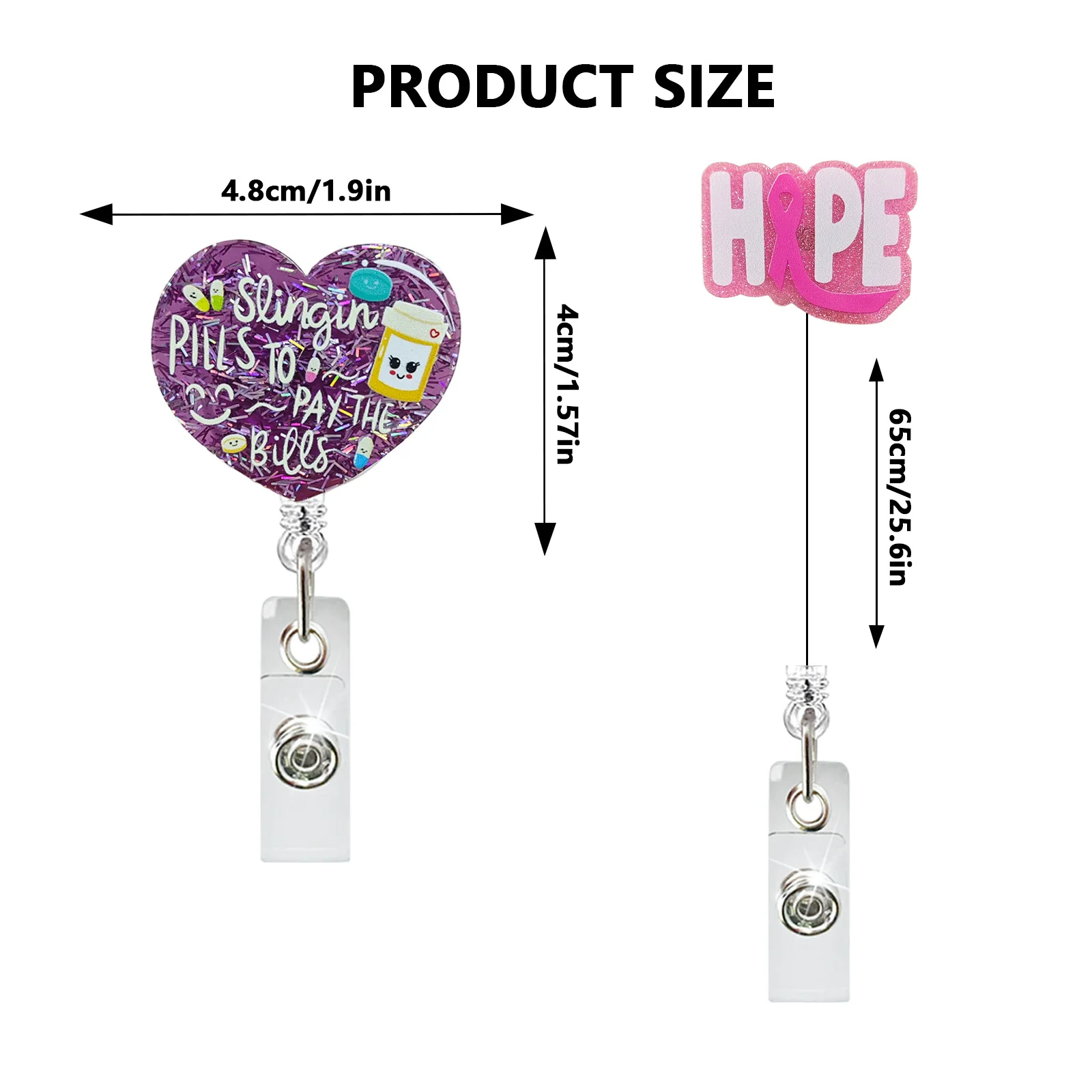 Glitter Heart Acrylic Badge Reel Retractable Name Tag Alligator Clip ID Card Holder for Nurse Office Work Doctor