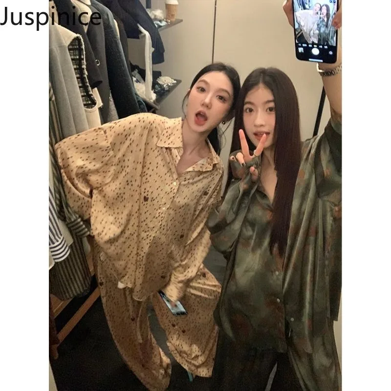 

Juspinice Korean High-end Printed Ice Silk Pajamas for Women in Autumn 2025 New Couple Cardigan and Pants Two-piece Set