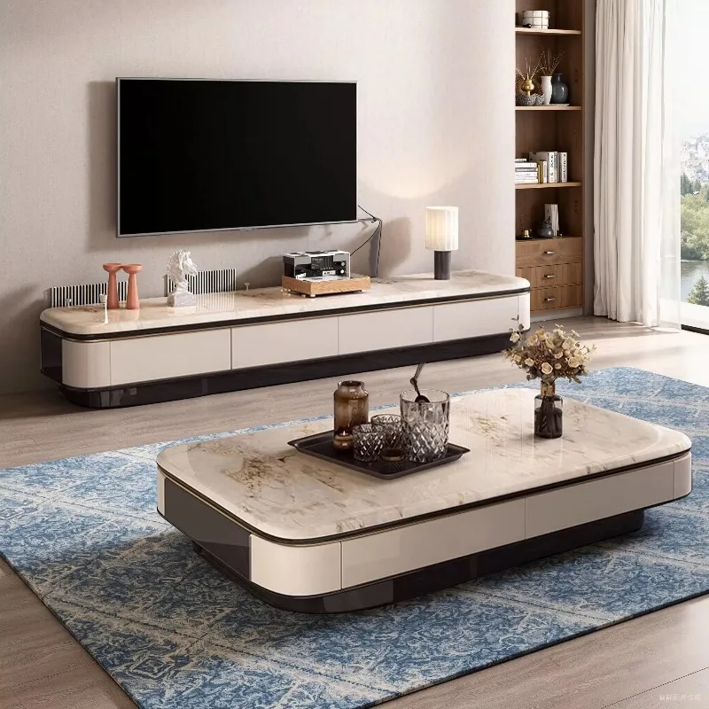 Modern minimalist high-end Italian style light luxury microcrystalline stone coffee table and TV cabinet