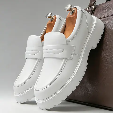 Fashion Classic Thick Sole Men's Penny Loafers Slip-On Business Dress Shoes For Gentleman White Formal Party Preppy White Shoes