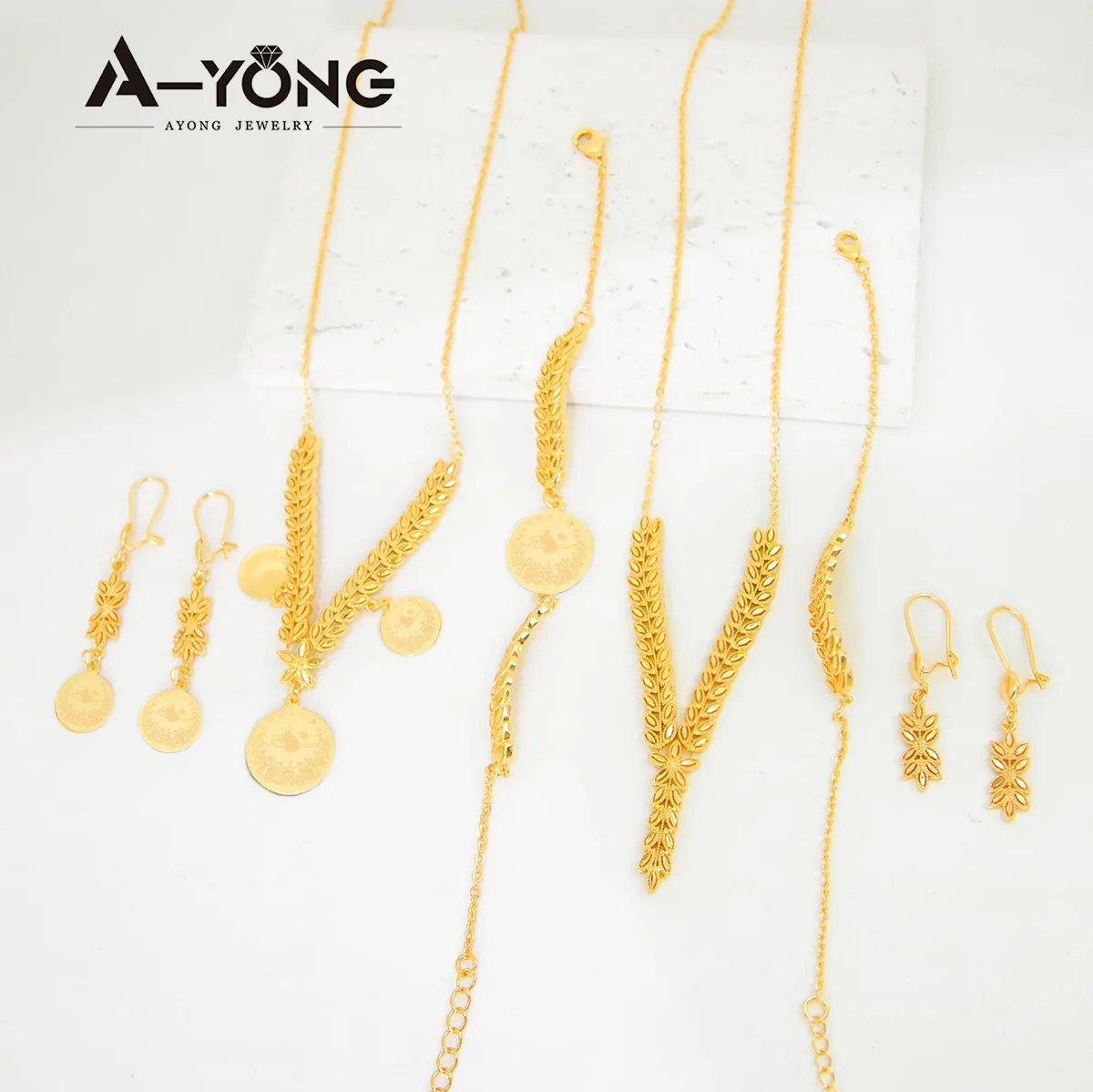 AYONG Luxury Gold Color Leaf Necklace Set 21k Gold Plated Arab Tassel Coins Pendant Dubai Nigeria Women Wedding Party Jewelry