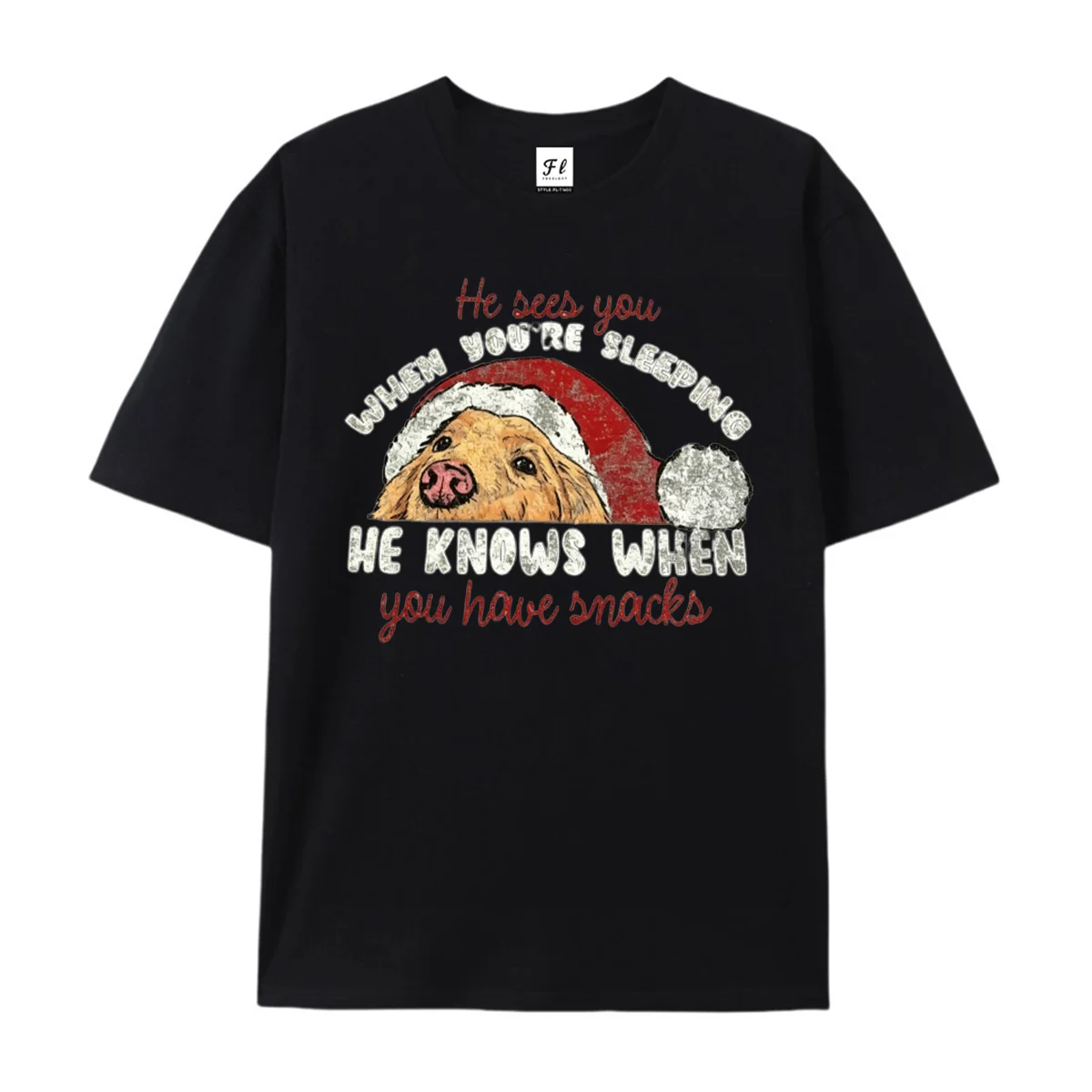 Christmas Golden Retriever Dog Santa Hat Graphic T‑Shirt He Sees You When You Are Sleeping Funny Pet Lover Xmas Short Sleeve Top