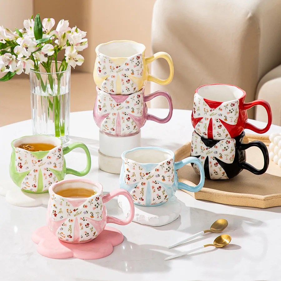 Creative Ceramic Toothbrush Rinse Cup Modern Painted Flower Bow Ceramic Coffee Cup Office Breakfast Tea Cup Drinkware Home Decor