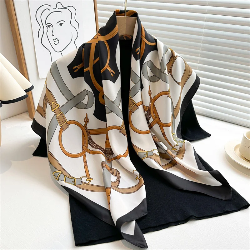 Retro Chain 90cm Printed Large Square Scarf Spring And Autumn Scarf Twill Silk Headscarf All-Match Sunscreen Shawl Female