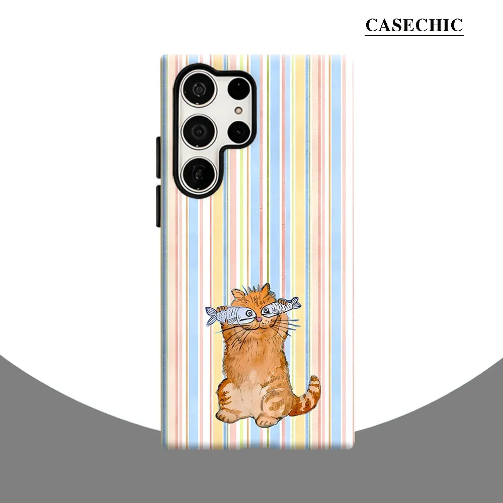 Funny Cat With Fish Stripe Phone Case for Samsung Galaxy S26 S25 Ultra S24 S23 Ultra Plus Shockproof Double layer Back Cover