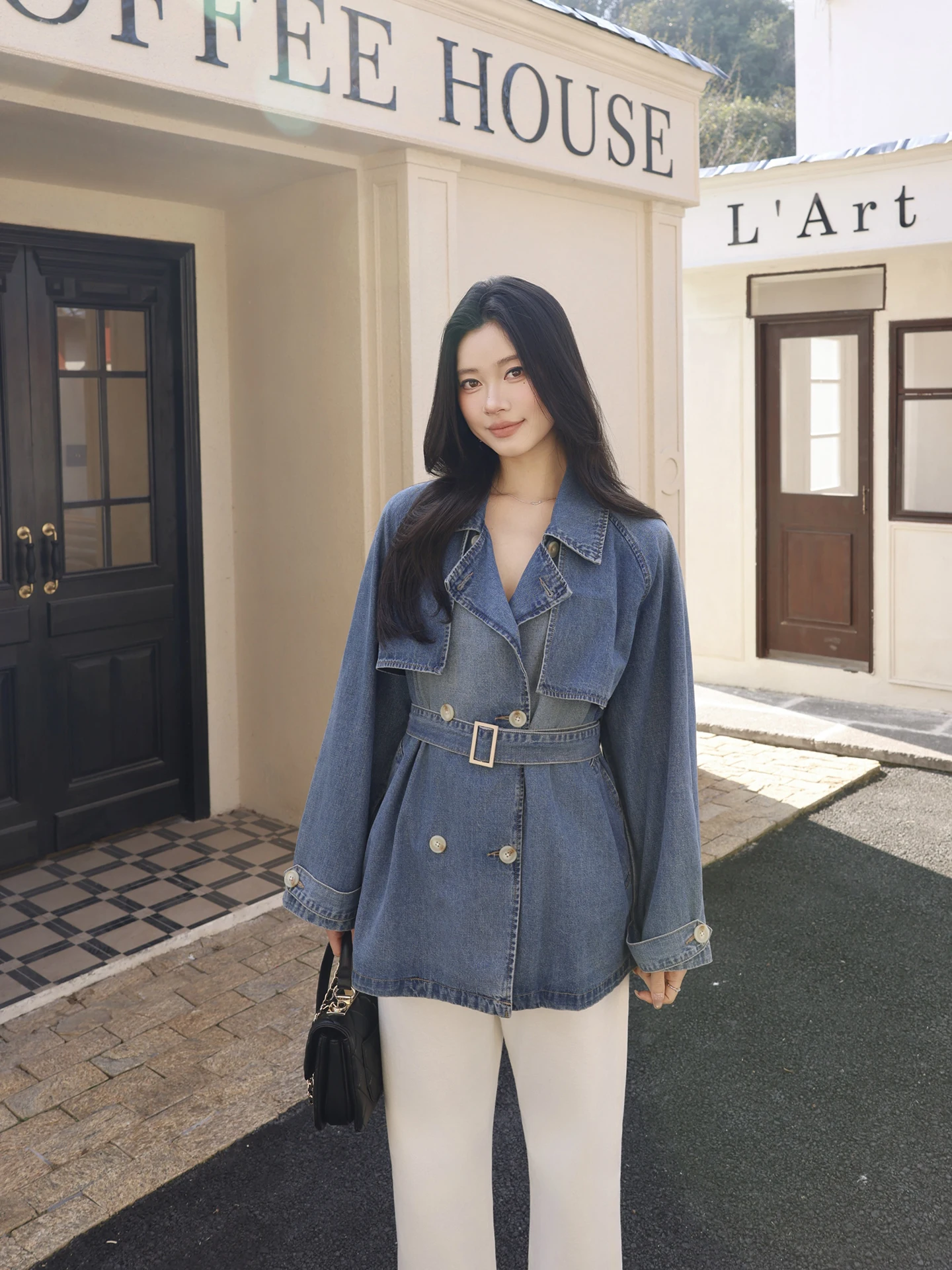 

Fashionable Retro Washed California Denim Jacket with Belt Women's Short Coat Vintage Style Cotton Blend Warmth Casual Spring