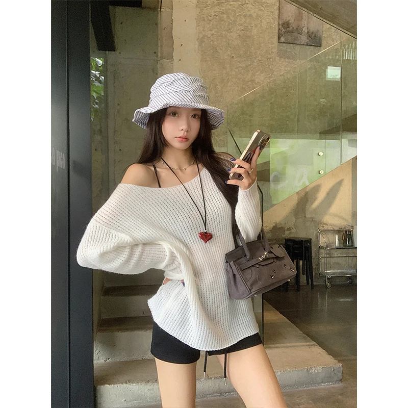 

Sexy Soft Loose Long Sve Knitted Sweater Women's Early Autumn See-tough Casual Top Comfortable Breathable Nylon Blend