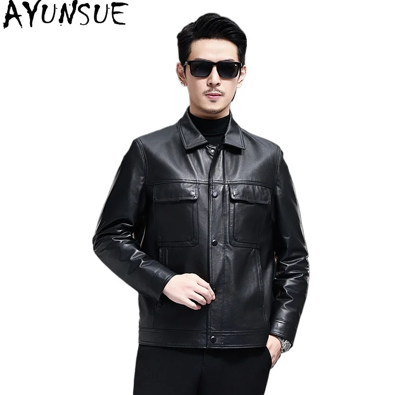 YOLANFAIRY First Layer Cowhide Genuine Leather Jacket Men Lapel Collar Slim Fit Thin Real Leather Coat Casual Motorcyle Jackets