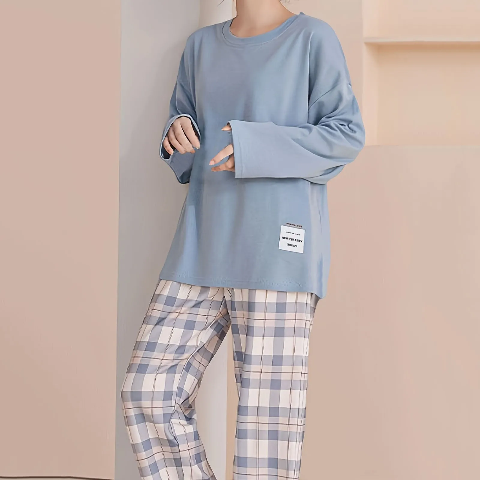 

Cotton Long-Sleeved Sleepwear Suit Comfortable Women Pajamas Set Nightgown Teenager Home Clothes Female Lingerie Set Plaid Pants