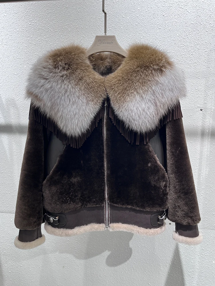 

New Winter Women Warm Natural Fox Fur Collar Real Merino Sheep Fur Coat Genuine Leather Jacket Thick Cusual Luxury Female Coats