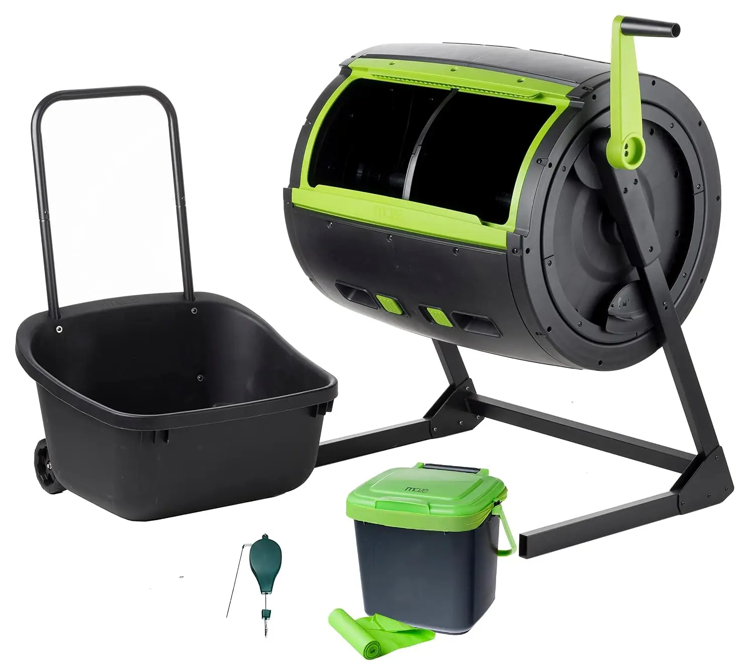 Two Stage 65 gal Compost Tumbler with Large Double Doors and Open Frame and Comes with  Compost Cart, 1.85 Gal Kitchen Caddie