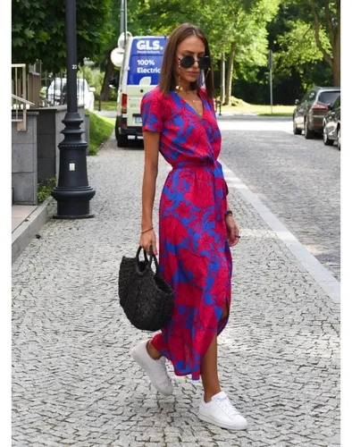 Vestido largo medio con estampado Floral y cuello en V para mujer, vestidos largos de moda de estilo de vacaciones divididos, novedad de verano