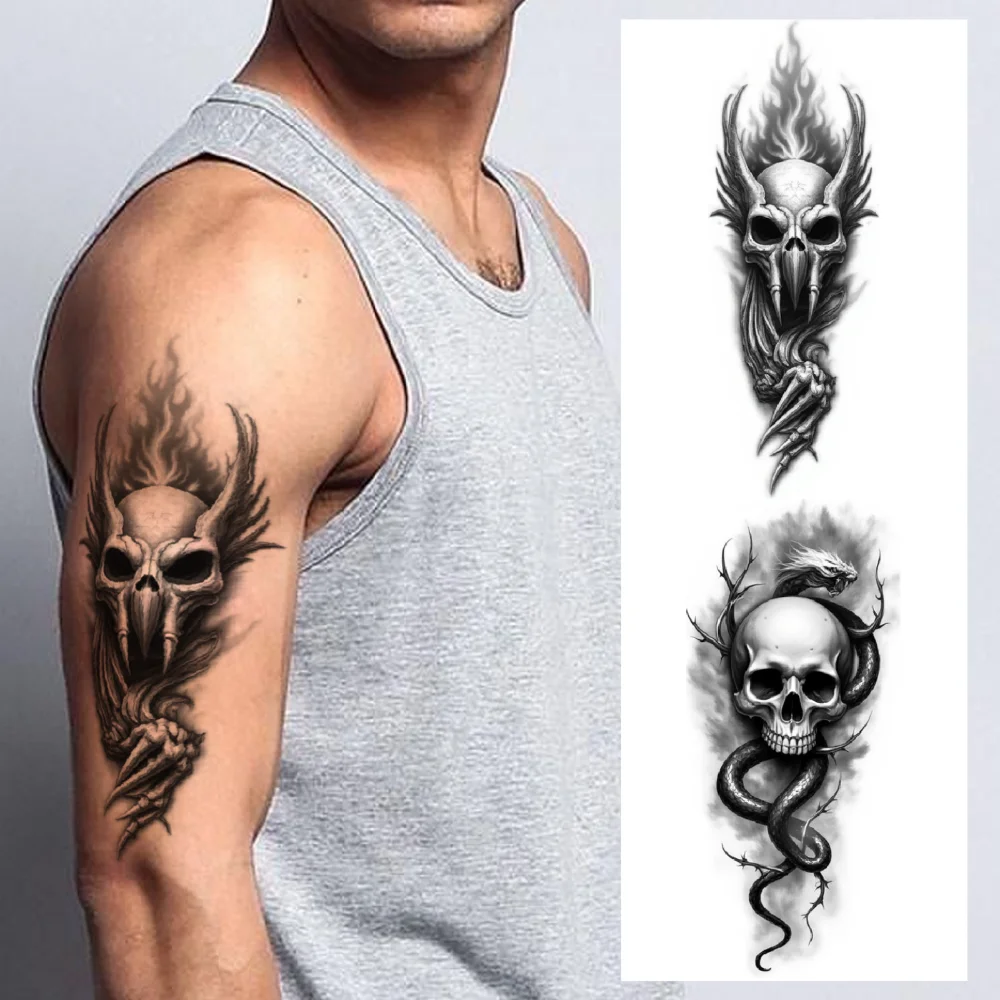 

3pcs Temporary Tattoo Snake Black And Grey Realism Beard Black And White Realistic Temporary Tattoos Skull For Men Thighs