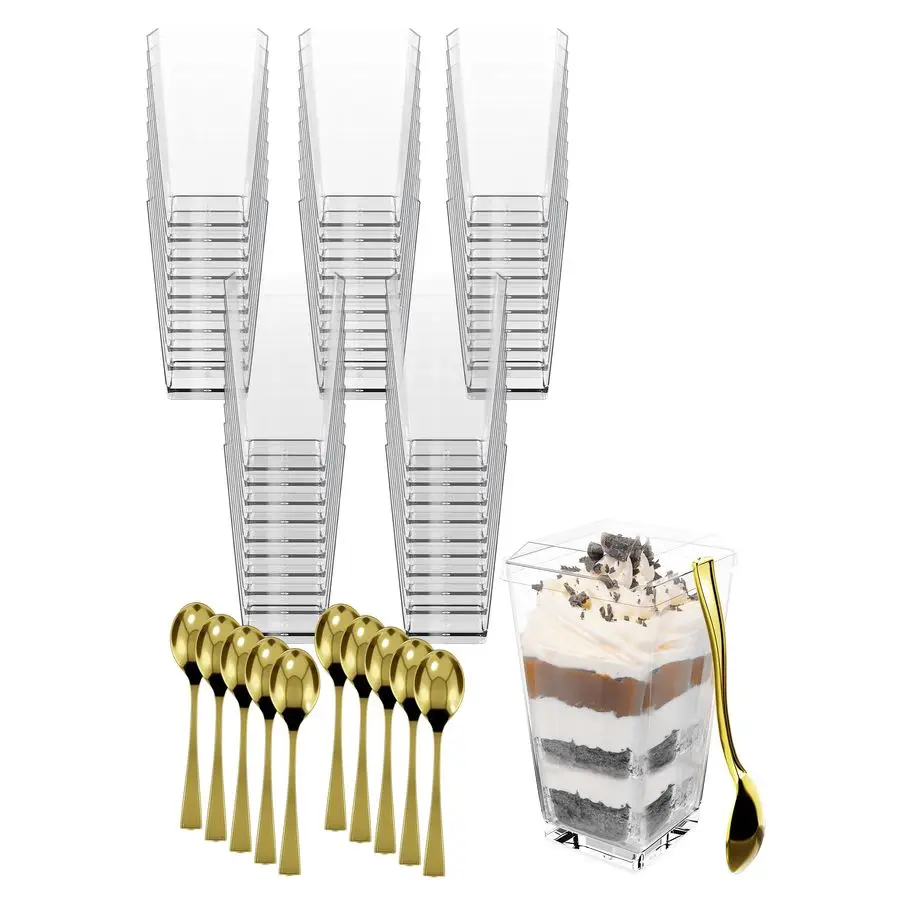 Paquete de 3 oz de Vasos Mini para Postre con Tapas y Cucharas Doradas, Vasos de Plástico para Aperitivos y Parfaits con Tapas, Reutilizables, Libres de BPA