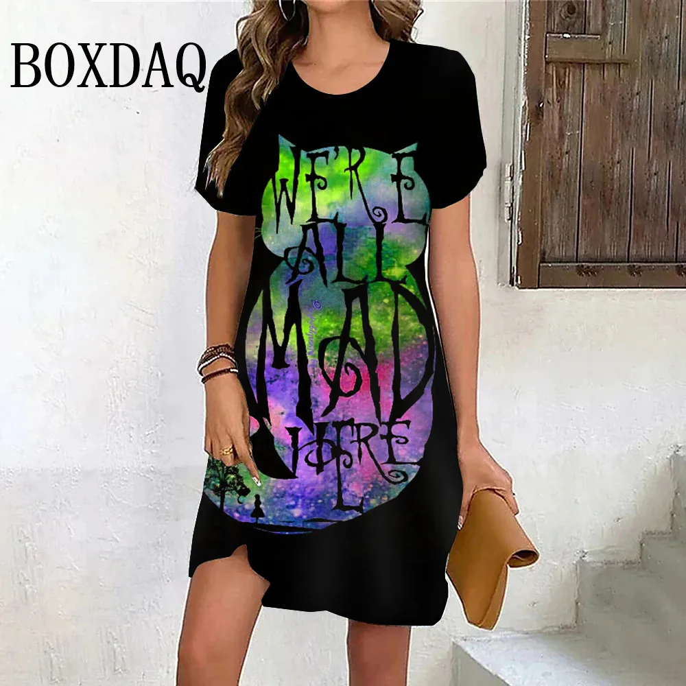 Sweet Gradient Painted Cartoon Cat Print Dress New Fashion Women Casual Short Sleeve Ladies Kawaii Dresses Streetwear 2024 Femme