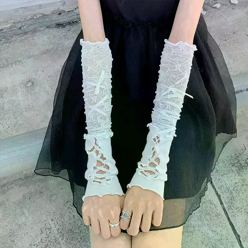 Women Lace Fingerless Gloves Black Gothic DIY Strapping Sunscreen Sleeve Clothing Accessories Elastic Mesh Punk Gloves