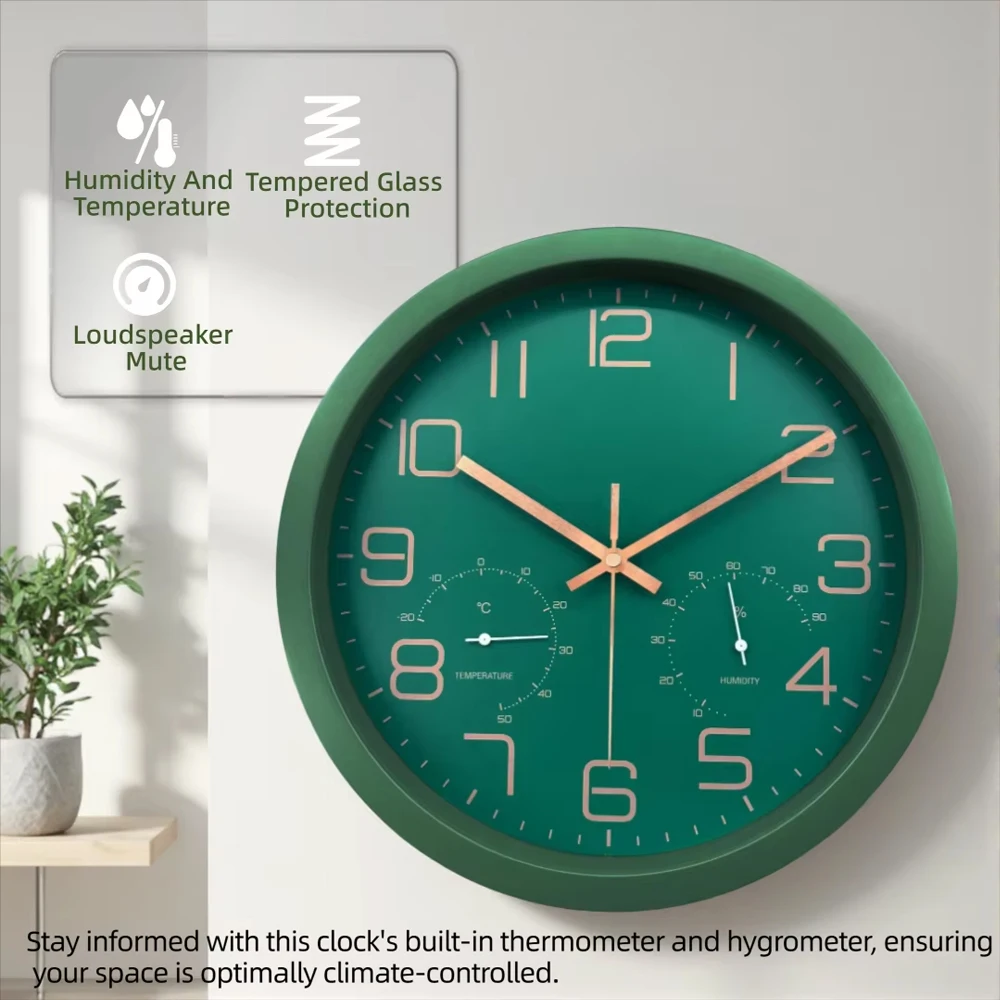 Round Wall Clock With Temperature Humidity Display Silent Quartz Clock Indoor Wall Decor For Living Room Corridor Kitchen Office