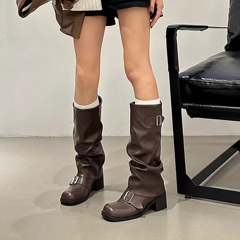 Comemore Autumn Women Biker Boots Fashion Belt Buckle Ladies Elegant Platform Long Pipe Booties Casual Women\'s Knee High Boots