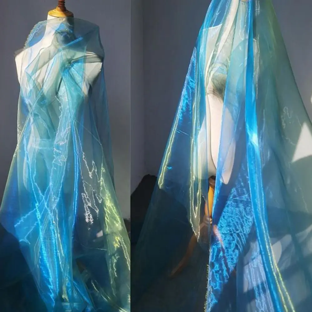 150X100cm Organza Fabric Two-color Gradient Soft Yarn Laser Fabric Blue Green Magic Mercerized Yarn DIY Fabric Clothing Design