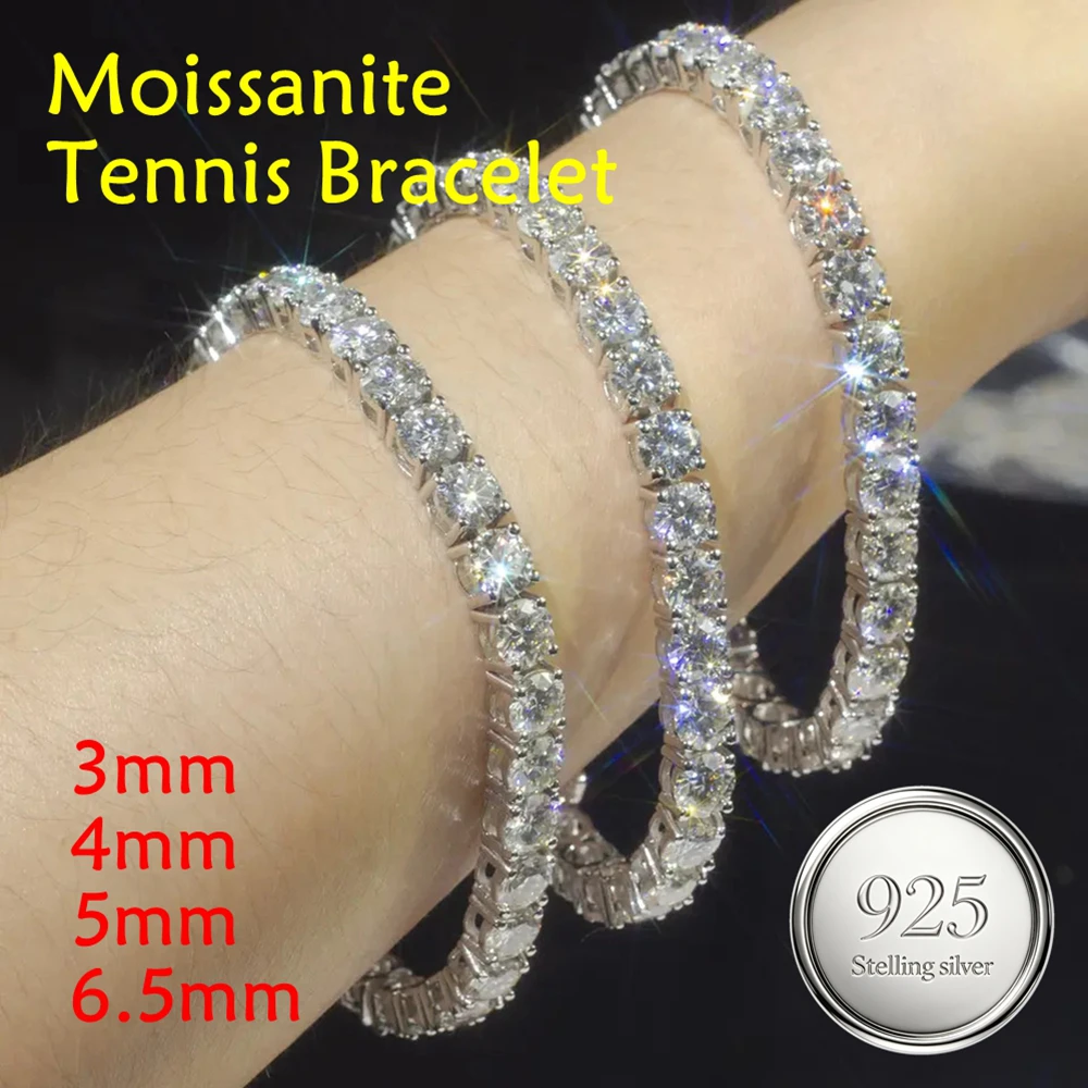 3/4/5/6.5mm High Quality Moissanite Tennis Chain Bracelet Hip Hop  S925 Sterling Silver Jewelry for Men Women