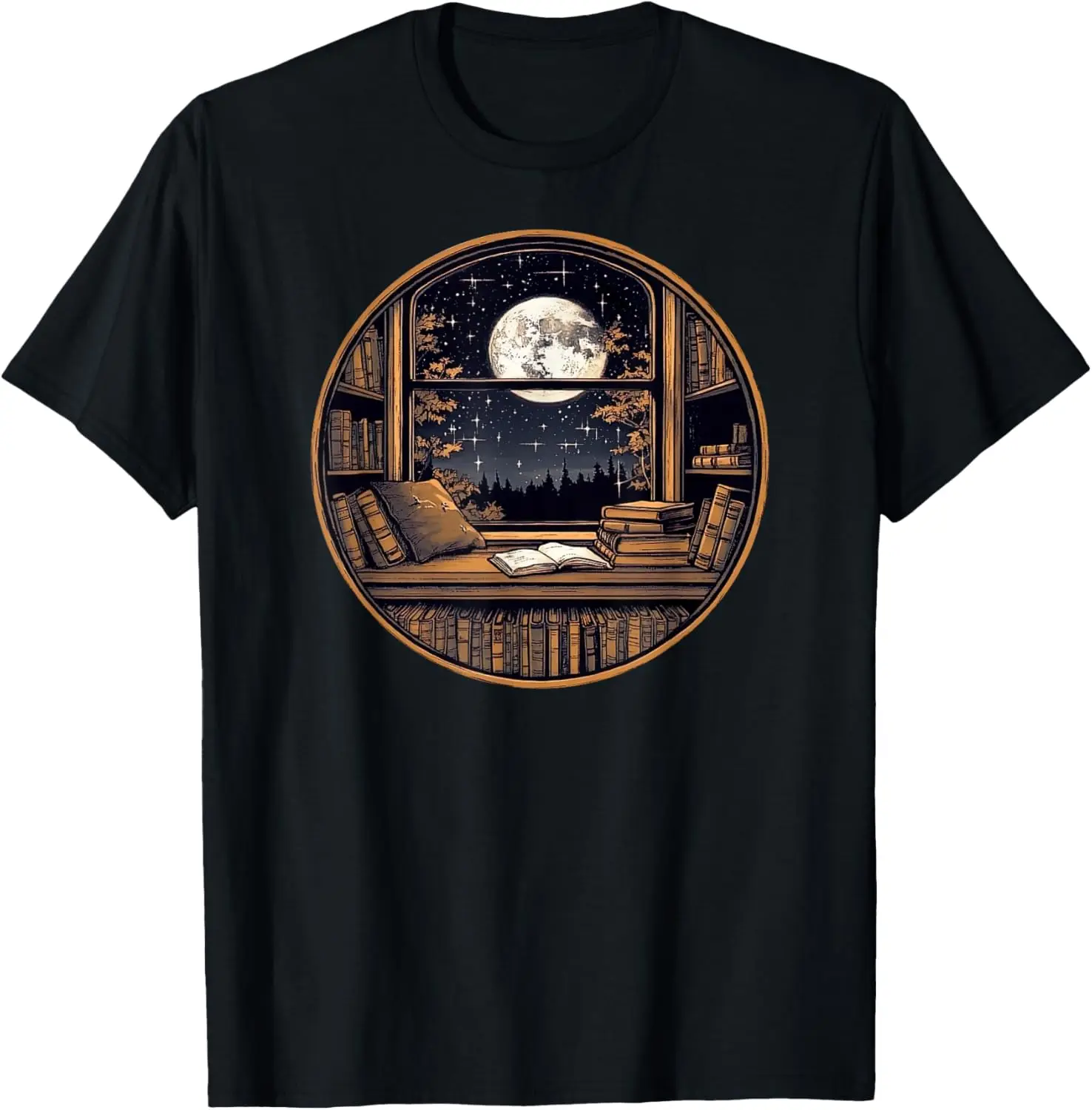 

Moon Book Bookshelf Library Star Stars Pattern T-Shirt