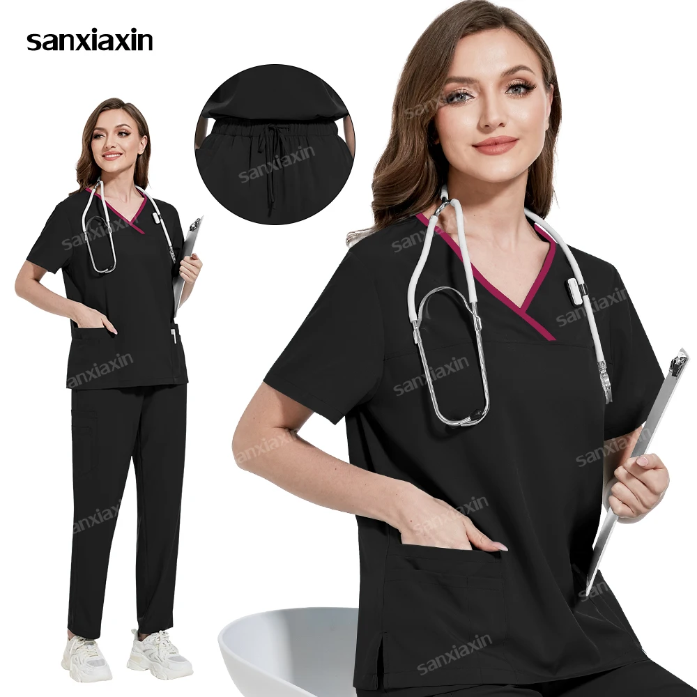 Stretch Scrubs Set Medical Uniforms Women Surgical Tops Pants Dental Clinic Nurse Uniforms Beauty Salon Workwear Lab Accessories