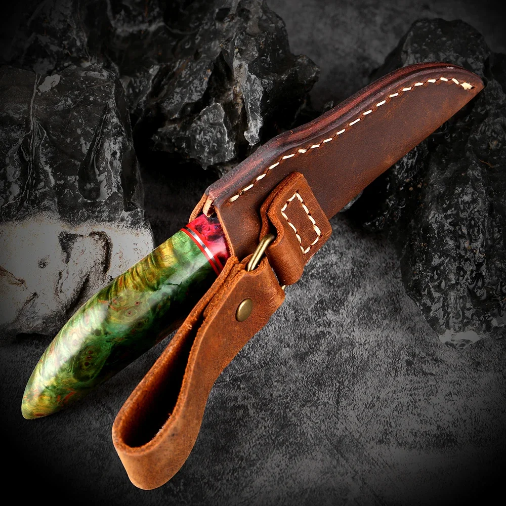 Outdoor Small Straight Knife VG10 Damascus Steel Camping Survival Sharp Knife Fruit Knife Japanese Knife with Leather Sheath