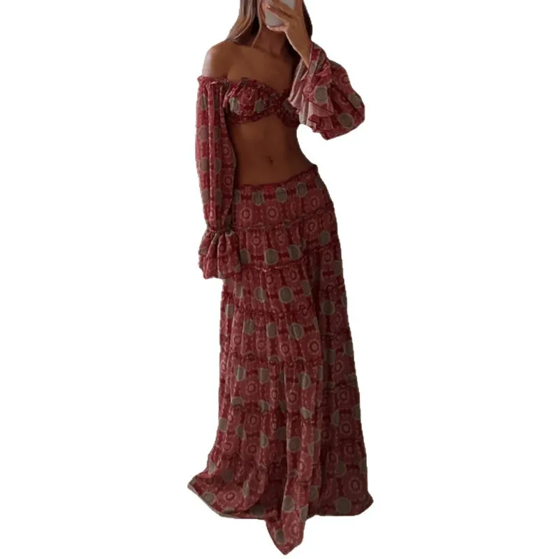 Nueva ropa de mujer, top corto con hombros descubiertos y falda larga, estampado informal y sexy europeo y americano