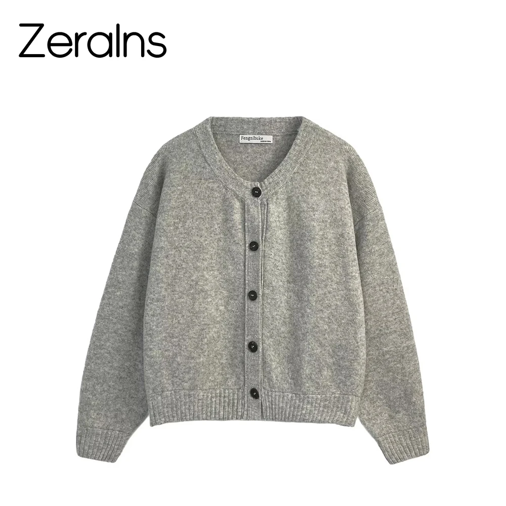ZERAINS Frühherbst minimalistische Pulloverjacke vielseitiger lässiger einreihiger Rundhals-grauer Cardigan Unisex-Strickpullover