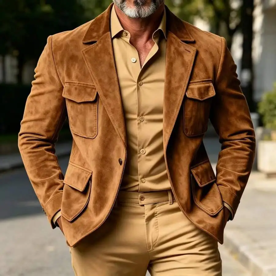 Men‘s Suede Safari Blazer Notch Lapel 1 Button Hunting Jacket with 4 Flap Pockets Regular Fit for Smart Casual