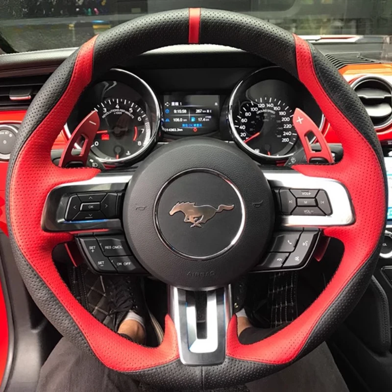 For Ford Mustang GT 2015-2021 Hand-stitched Non-Slip Black Red Perforations Genuine Leather Car Steering Wheel Cover