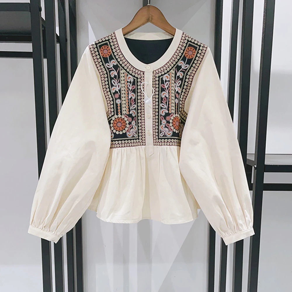 Floral bordado boho camisa feminina primavera outono tripulação pescoço retalhos designer camisas vintage topos senhora blusas elegantes 2026