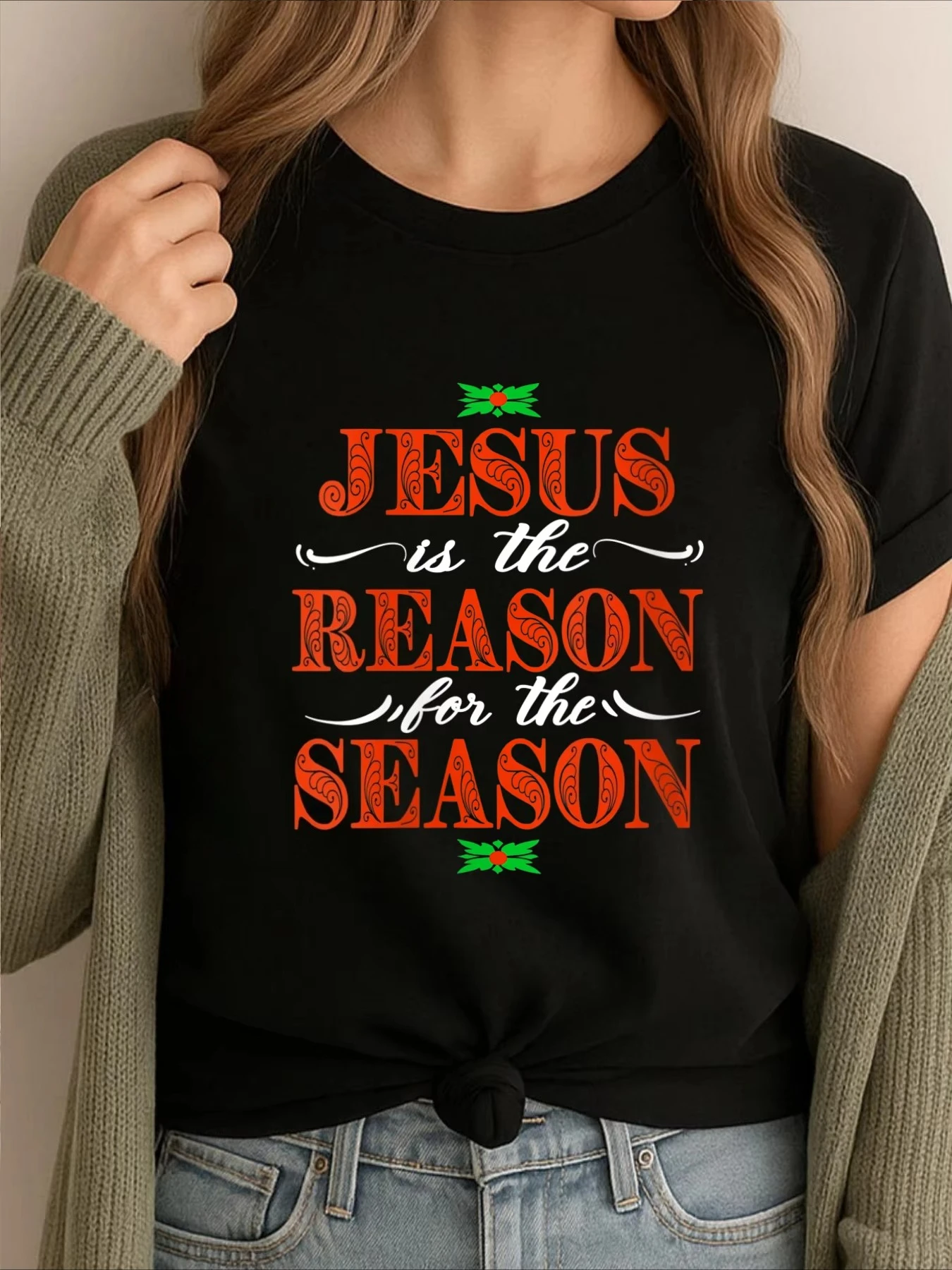 Unisex Religious Christmas Graphic T‑Shirt Faith Holiday Quote Holly Wreath Crew Neck Short Sleeve Xmas Casual Tee For Men Women