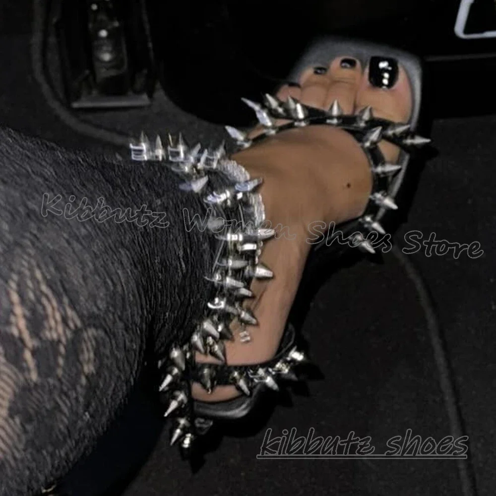 

Rivets Sandals Gothic Punk Rock Fashion Elegant Concise Sexy Luxury Lace-Up Solid Color Women Shoes New Square Toe Thin Heel New