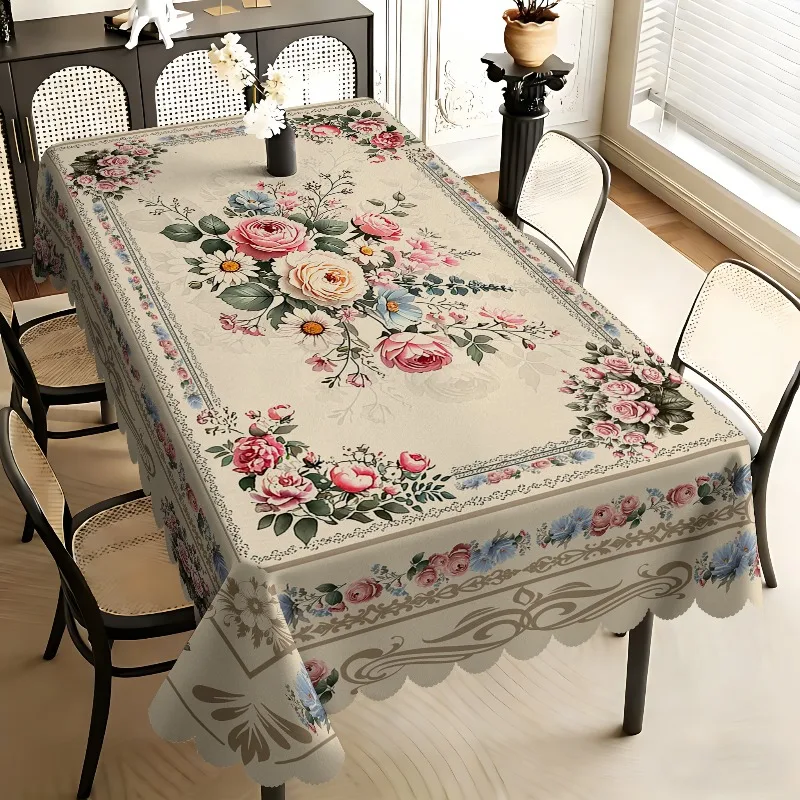 Light beige warm floral tablecloth 1 piece, pink rose and daisy retro country style