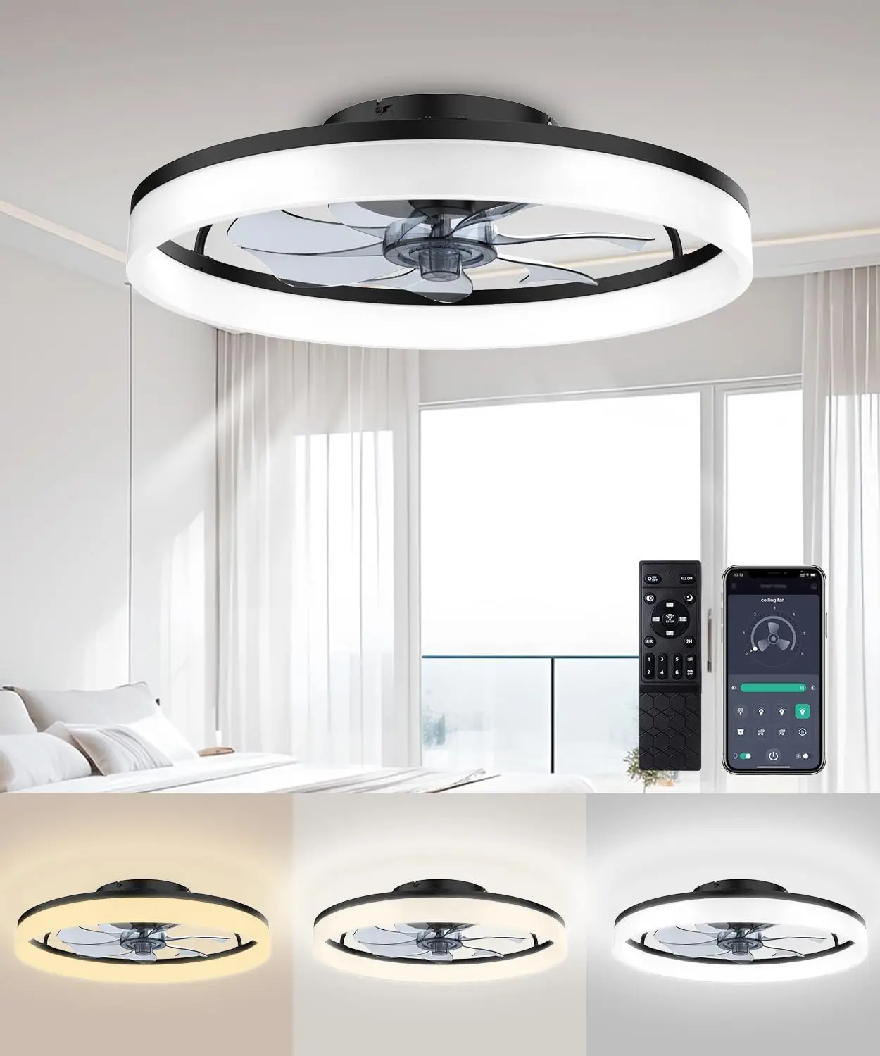 Modern ceiling fan with light and remote control, 19.7 ''low-specification ceiling fan, with 6-speed and dimmable LED, APP 3CCT