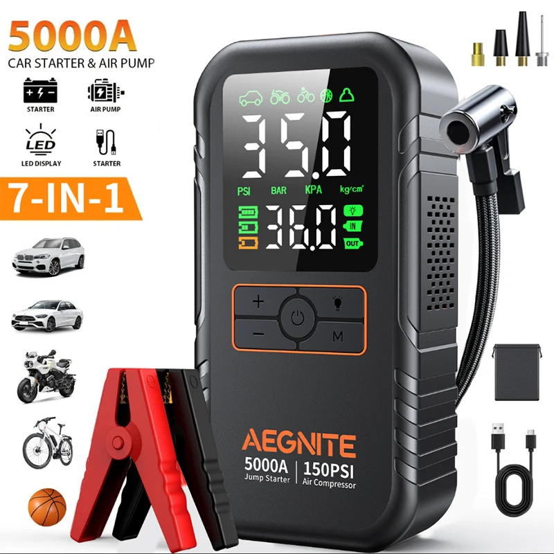 

7-in-1 Jump Starter with Air Compressor, 5000A Portable Car Battery Booster (9.0 Gas/6.5L Diesel) with 150PSI Auto-Shutoff Tire