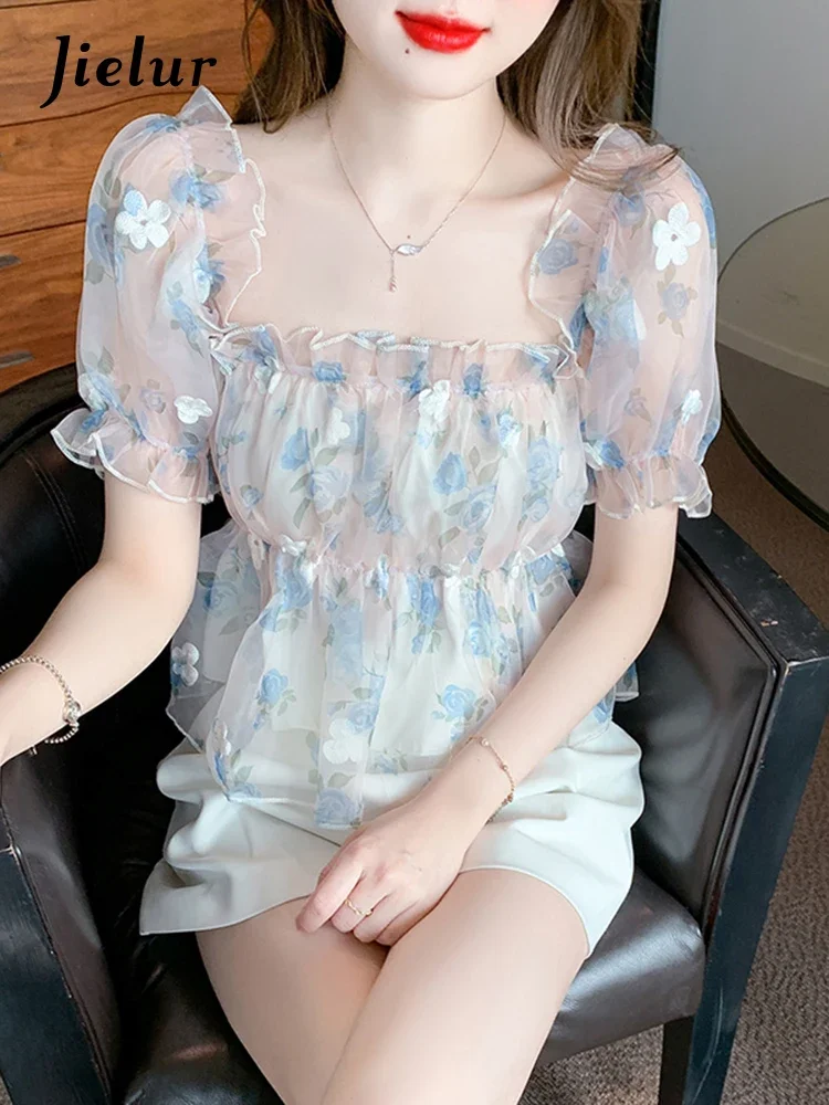 Jielur Summer New Slim Sweet Women Blouse Ladies Elegant Fashion Floral Blouse Woman Pink Blue Puff Sleeve Square Neck Top