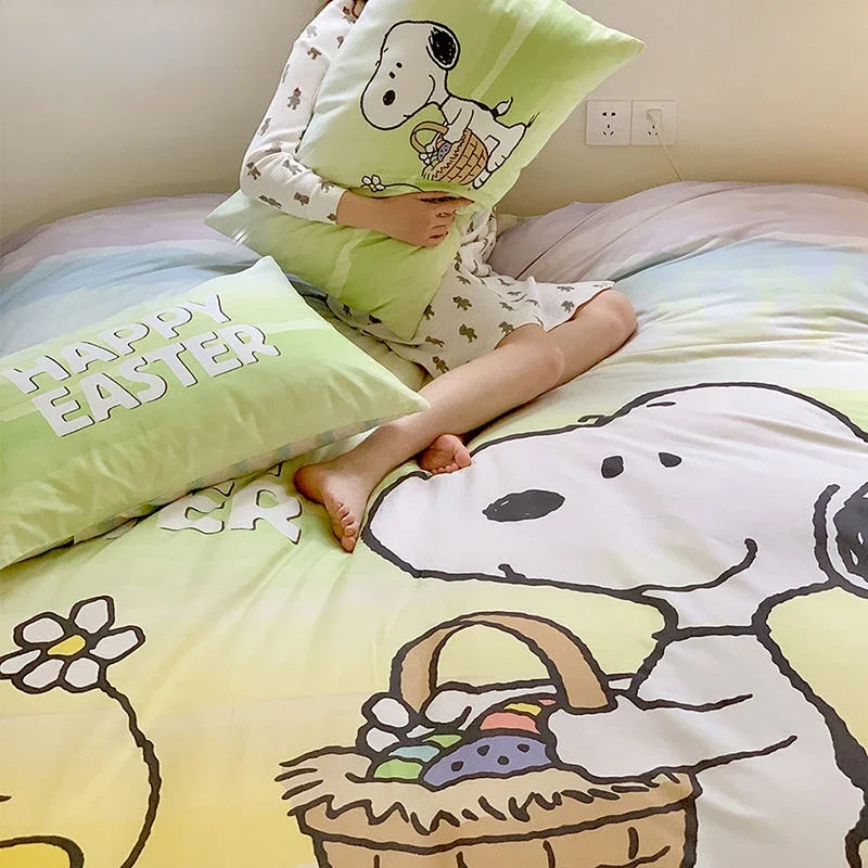 Snoopy student dormitory new cute cartoon digital printing pure cotton antibacterial bed sheet and quilt cover three-piece set