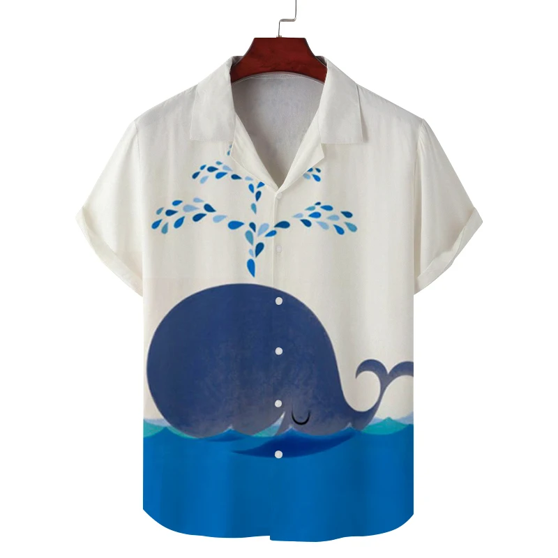 Men's Summer Cuban Collar Short-Sleeved Shirt with Whale Print Men's Shirt Comfortable and Breathable