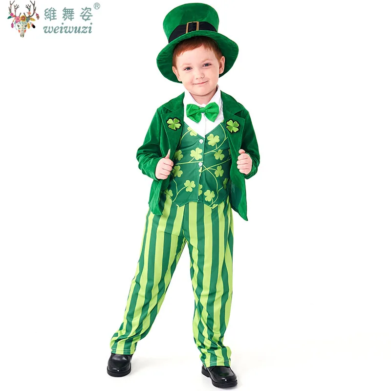 

Halloween Children's Day Kids Elf Ireland Leprechauns Costume Boys St. Patrick's Day Green Fairy Clover Outfits for Party