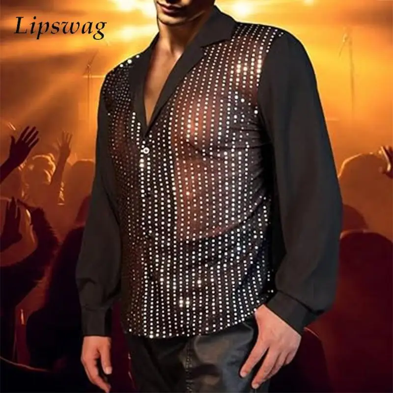 

Vintage Patchwork Glitter Sequin Shirts For Mens Autumn Fashionable Long Sleeve Button-up Turn-down Collar Shirt Men Sexy Shirts