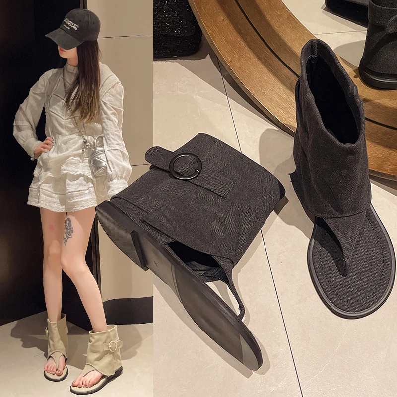 Belt Buckle Summer Open Sandals 2024 New Casual Shallow Cover Heel Flat Short Boots khaki Fashion Women Roman Sandals