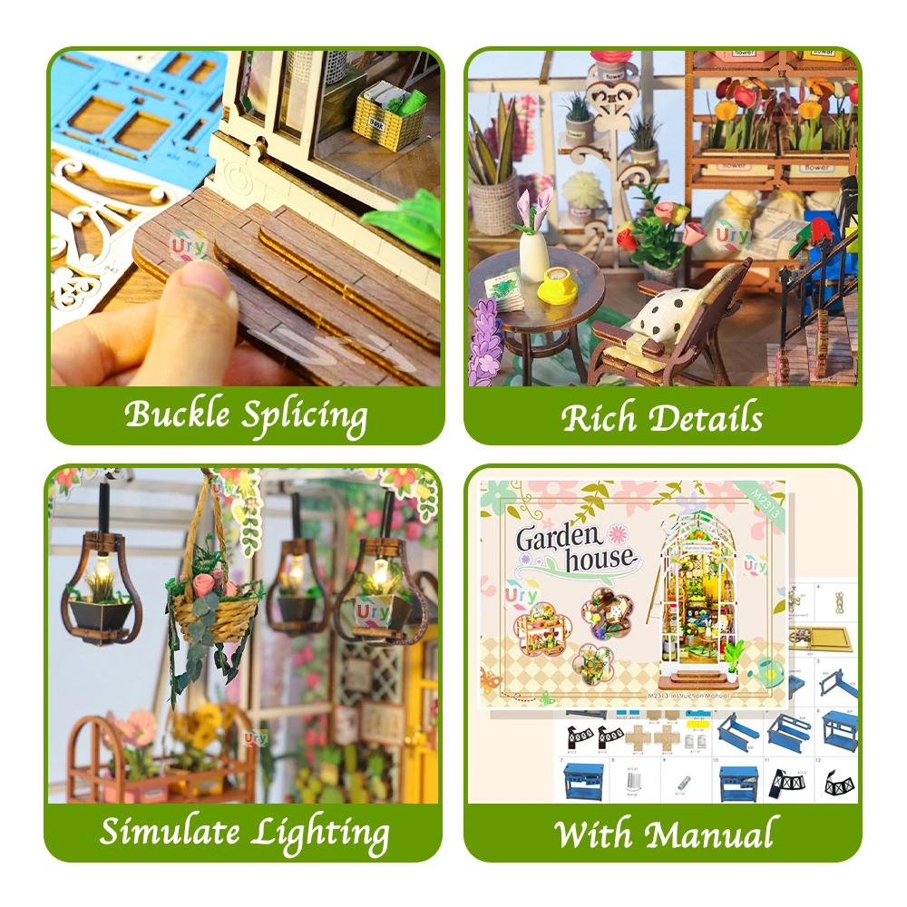 3D Wooden Miniature Greenhouse Book Nook with LED Lighting 5